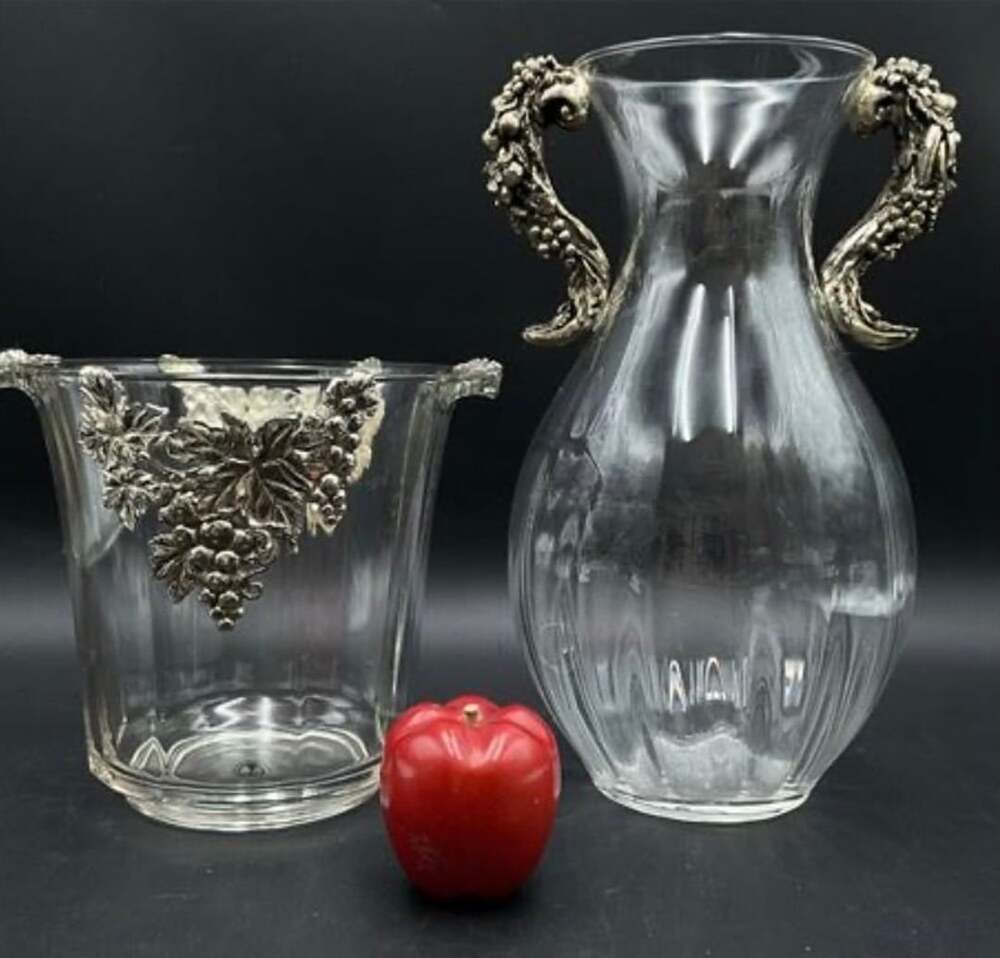 Glass Vase and Ice Bucket Set with Silver Grapevine Accents